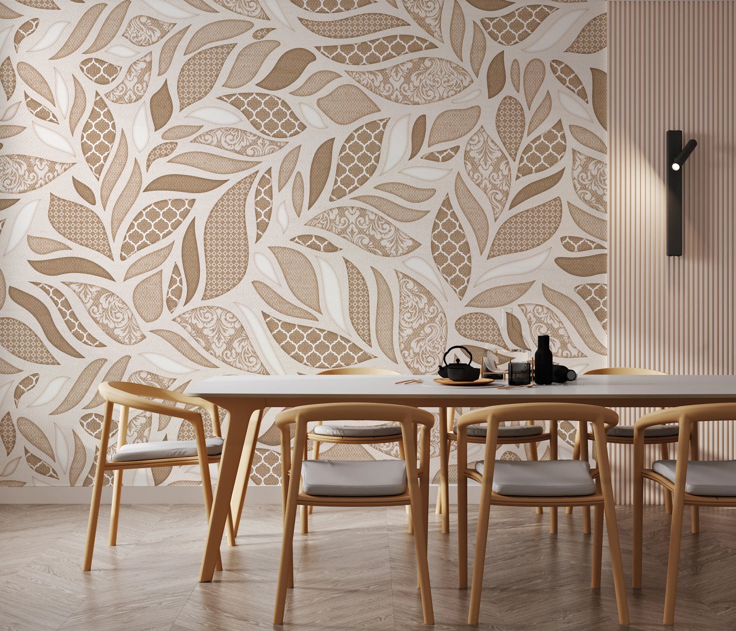 Beige Brown Leaf Design Wallpaper | Modern Botanical Style | Removable Wall Covering image 0