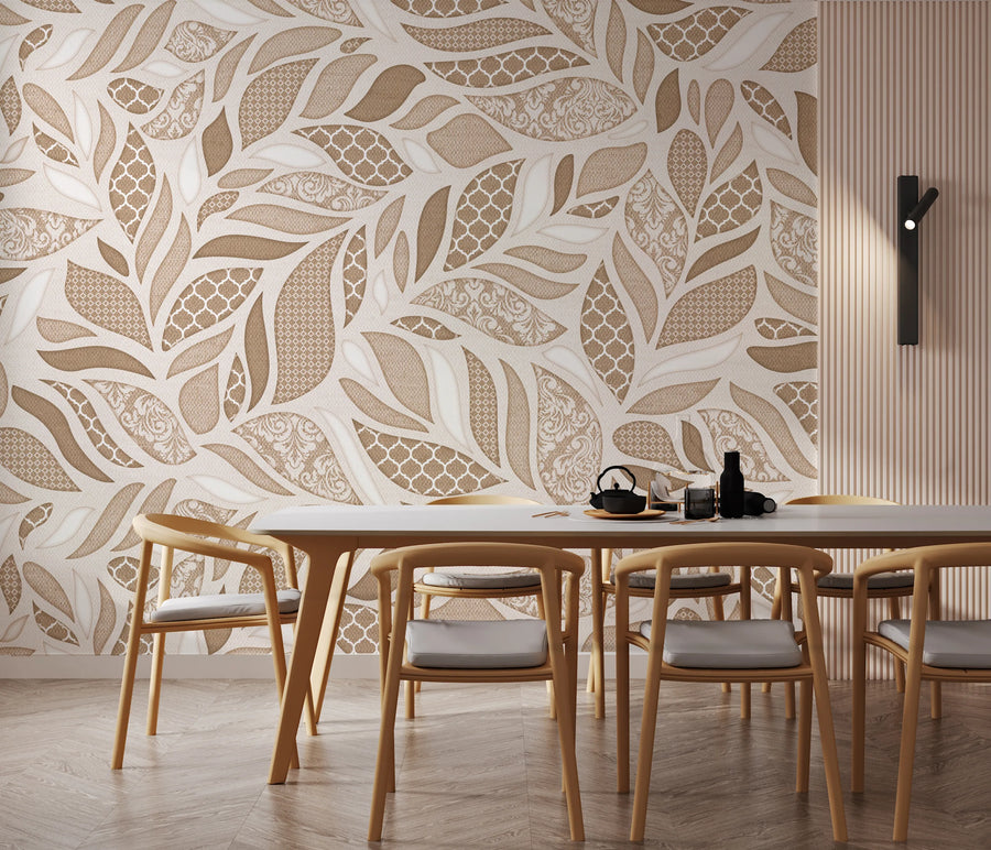 Beige Brown Leaf Design Wallpaper | Modern Botanical Style | Removable Wall Covering