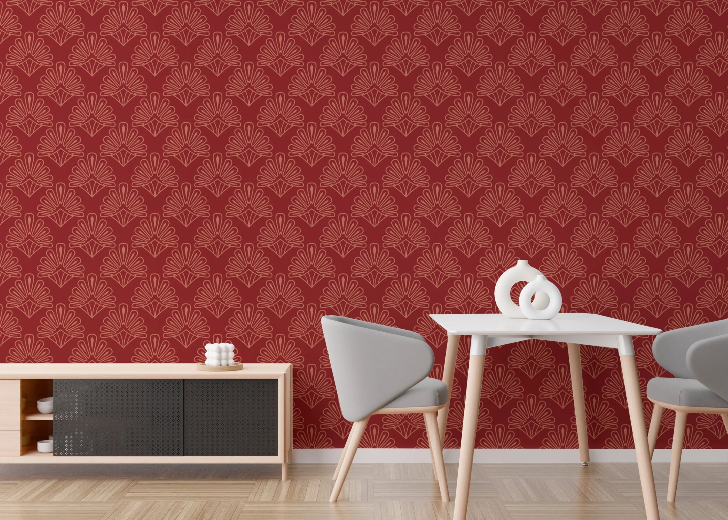 Art Deco Damask Design|Red Vintage Peel and Stick Wallpaper image 5