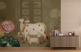 Sacred Pichwai Kamdhenu Wallpaper | Indian Cultural Removable Wall Mural image 4