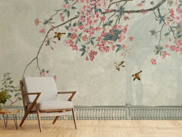 Chinoiserie Bird and Flower | Pink Cherry Blossom Peel and Stick Wallpaper image 2