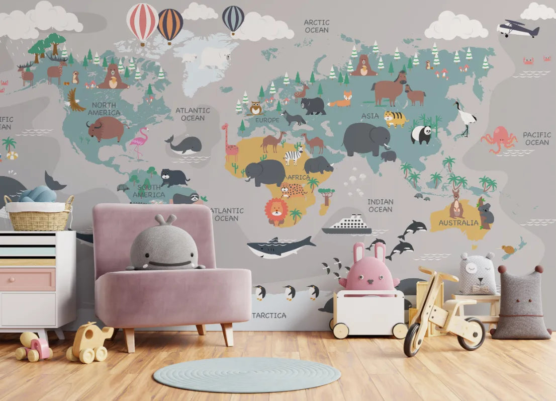 Whimsical Animals World Map Peel and Stick Kids Wallpaper image 0