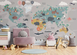 Whimsical Animals World Map Peel and Stick Kids Wallpaper image 0