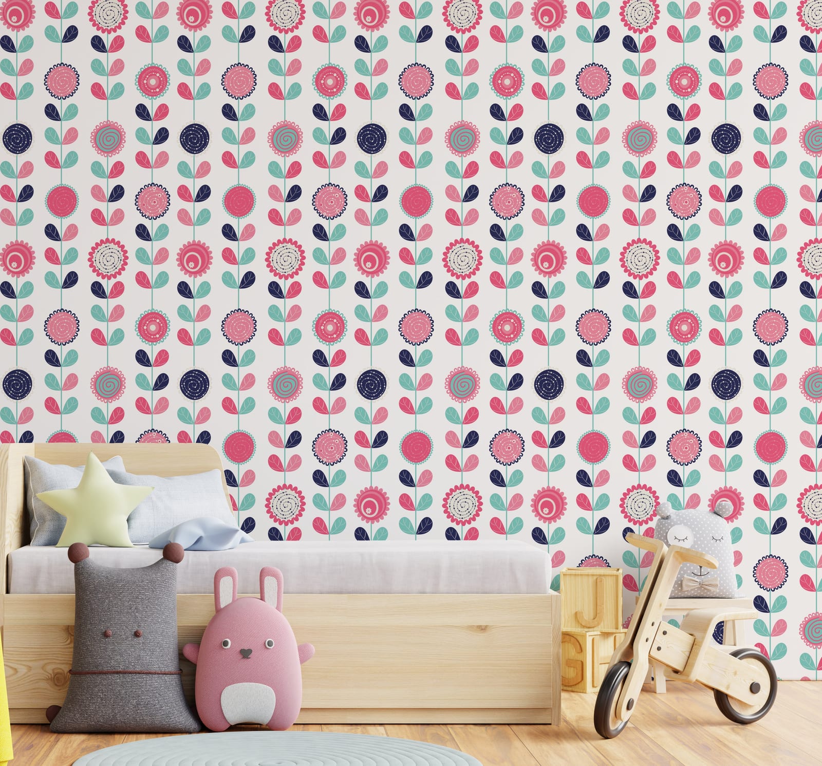 Kids Floral Wall Decor | Pink Nursery Pattern Peel and Stick Wallpaper