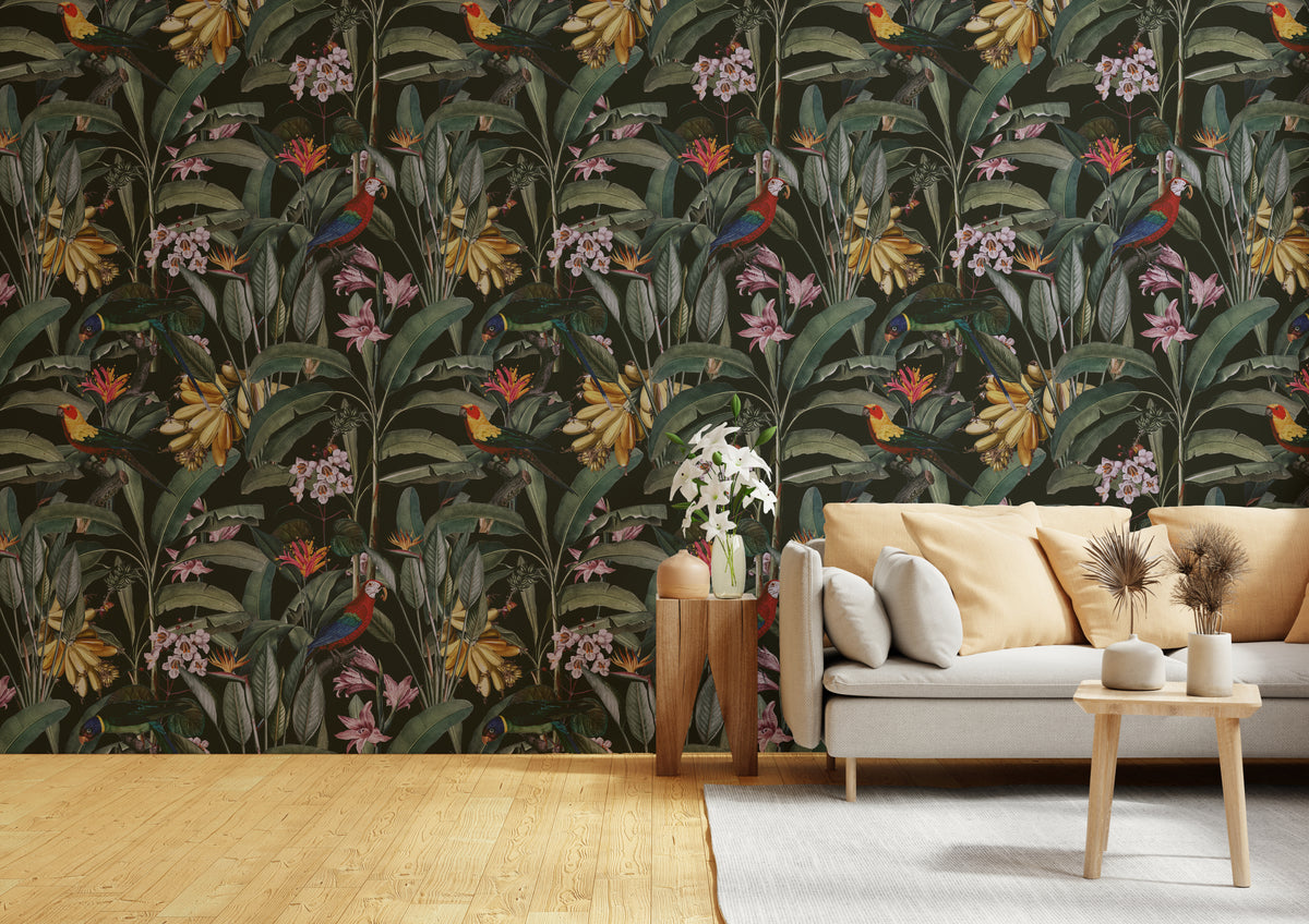 Tropical Parrot Design | Colorful Green Floral Peel and Stick Wallpaper