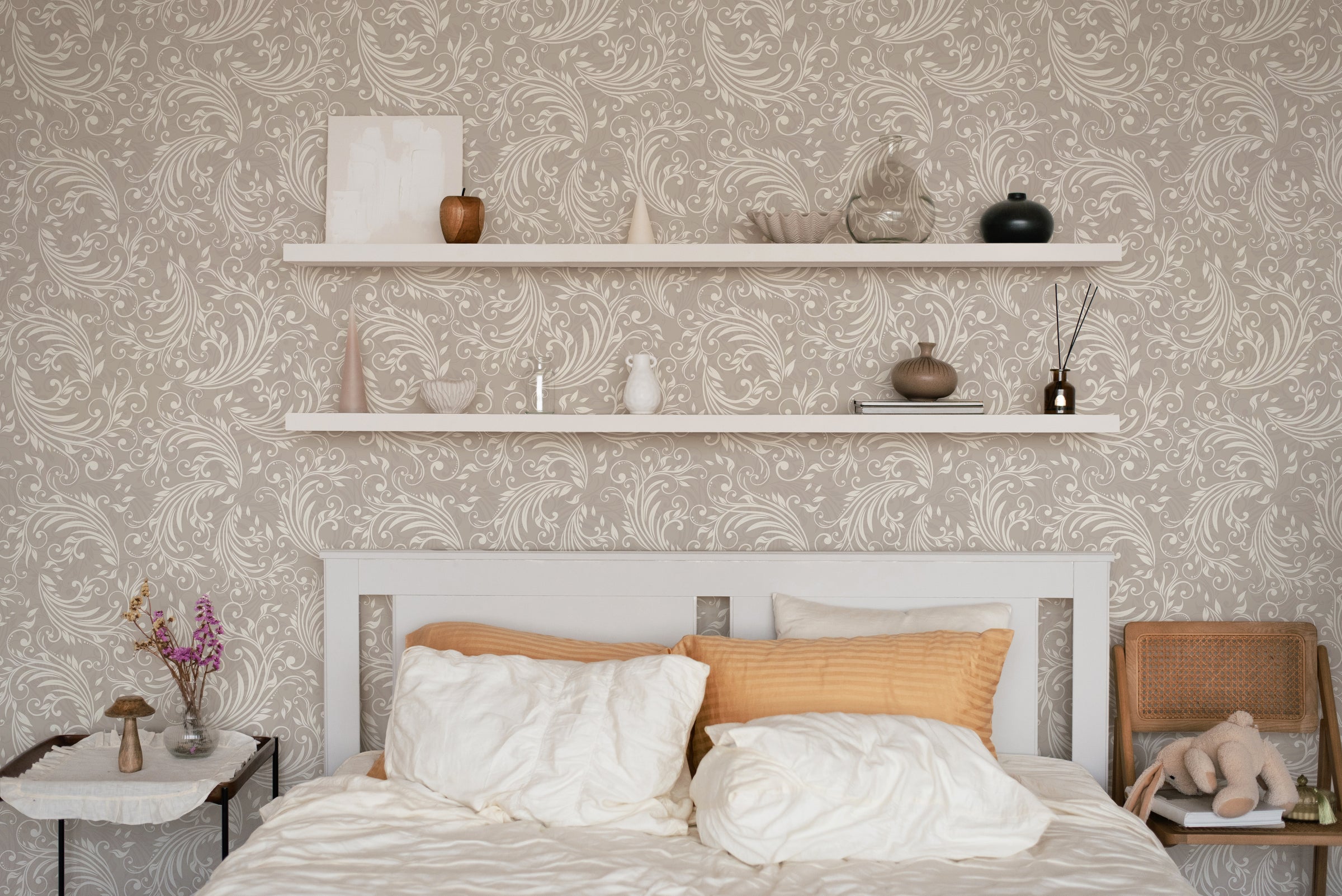 Damask Inspired Scroll Wallpaper | Gray Vintage Baroque Peel and Stick Wallpaper