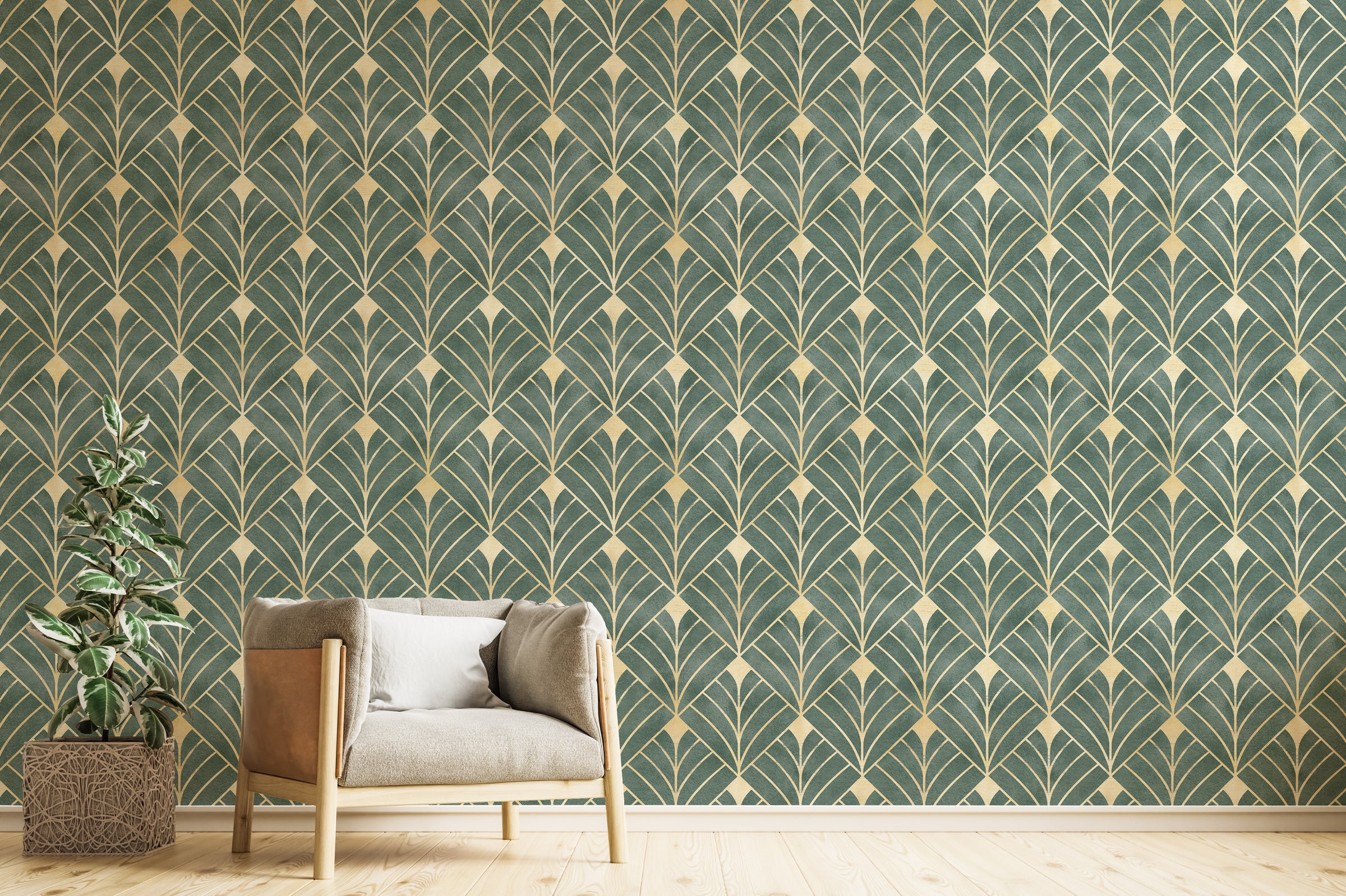 Green and Gold Art Deco Wallpaper | Removable Luxury Wall Decor