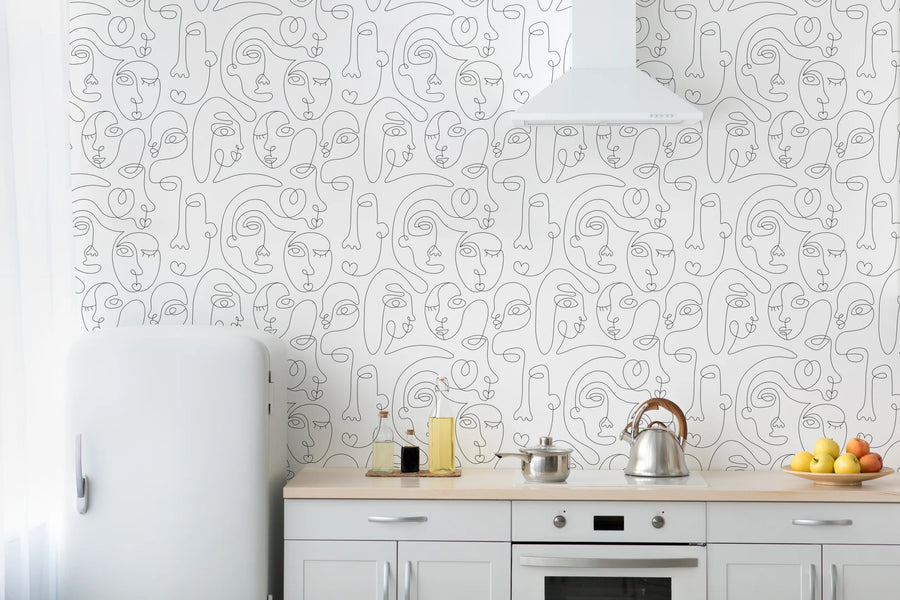 Abstract Face Line Art | Contemporary Artistic Design | Minimalist Style | Living Room Removable Wallpaper