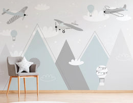 Mountain Adventure Gray Kids Mural| Airplane Air Balloon Removable Wallpaper image 3