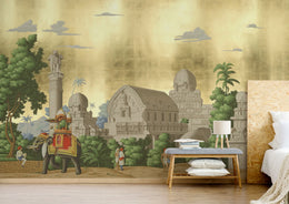 Golden Vintage Indian Elephant | Palace Architecture Self Adhesive Wall Mural image 1