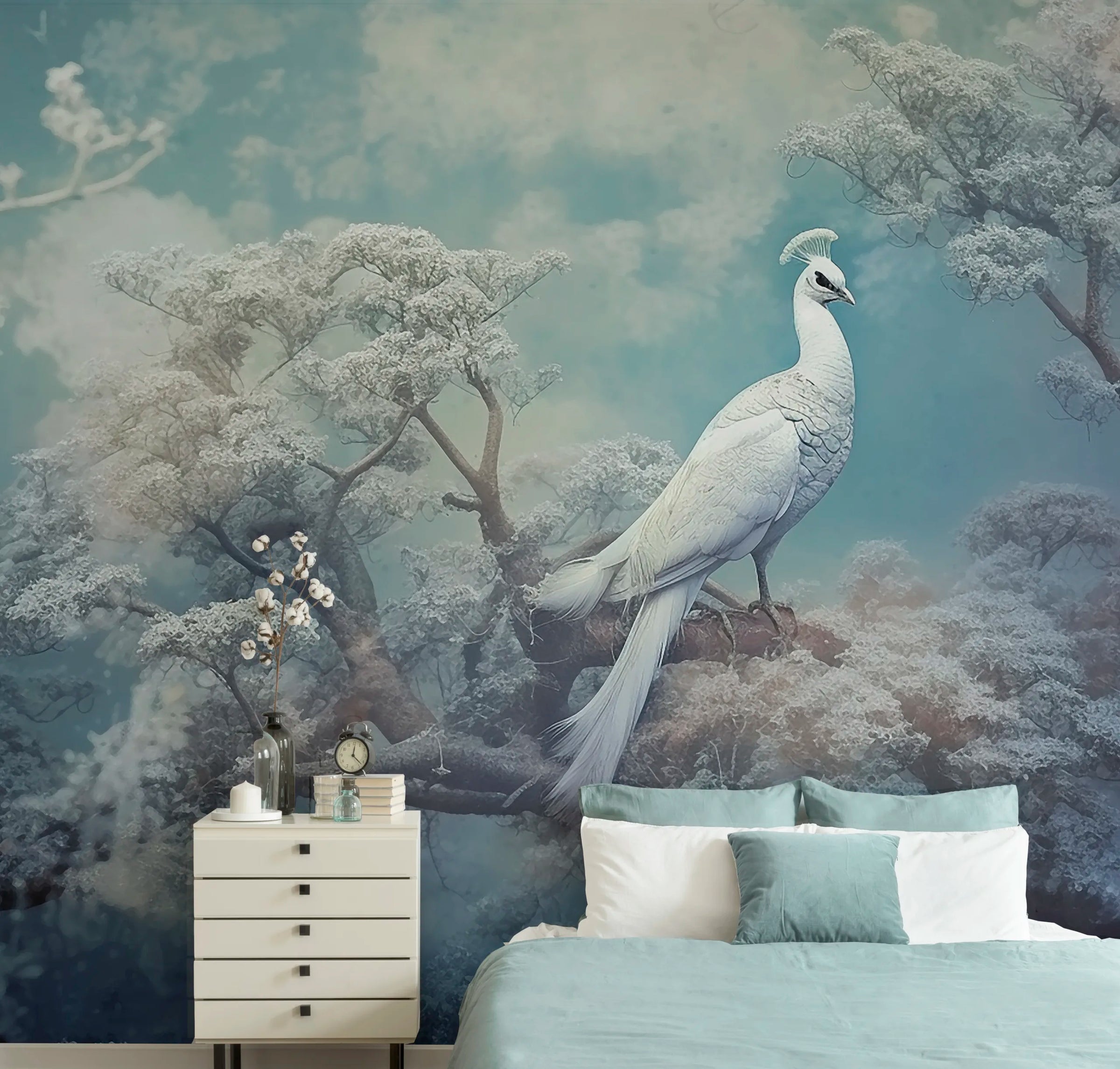 Winter Blue Forest Mural | White Peacock Art Removable Wallpaper image 3