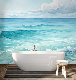 Luxury ocean wave wallpaper with deep blue motion transforms premium modern bathroom interior