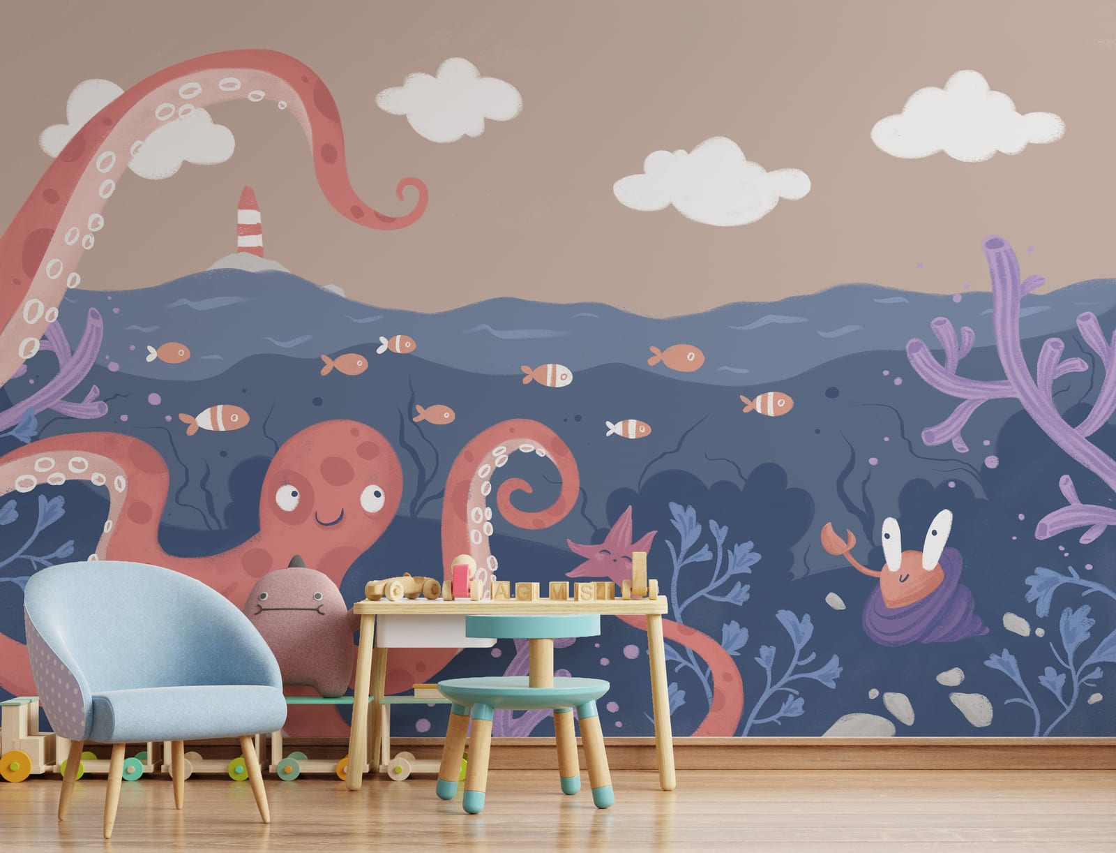 Octopus Underwater Wallpaper | Pink Octopus Ocean Peel and Stick Nursery Decor