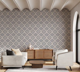Blue grey Moroccan geometric pattern removable wall covering for modern living room