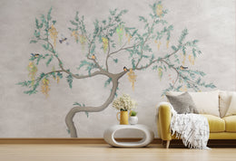 Flowering Tree Birds Japandi Wallpaper | Beige Peel-and-Stick Nature Mural