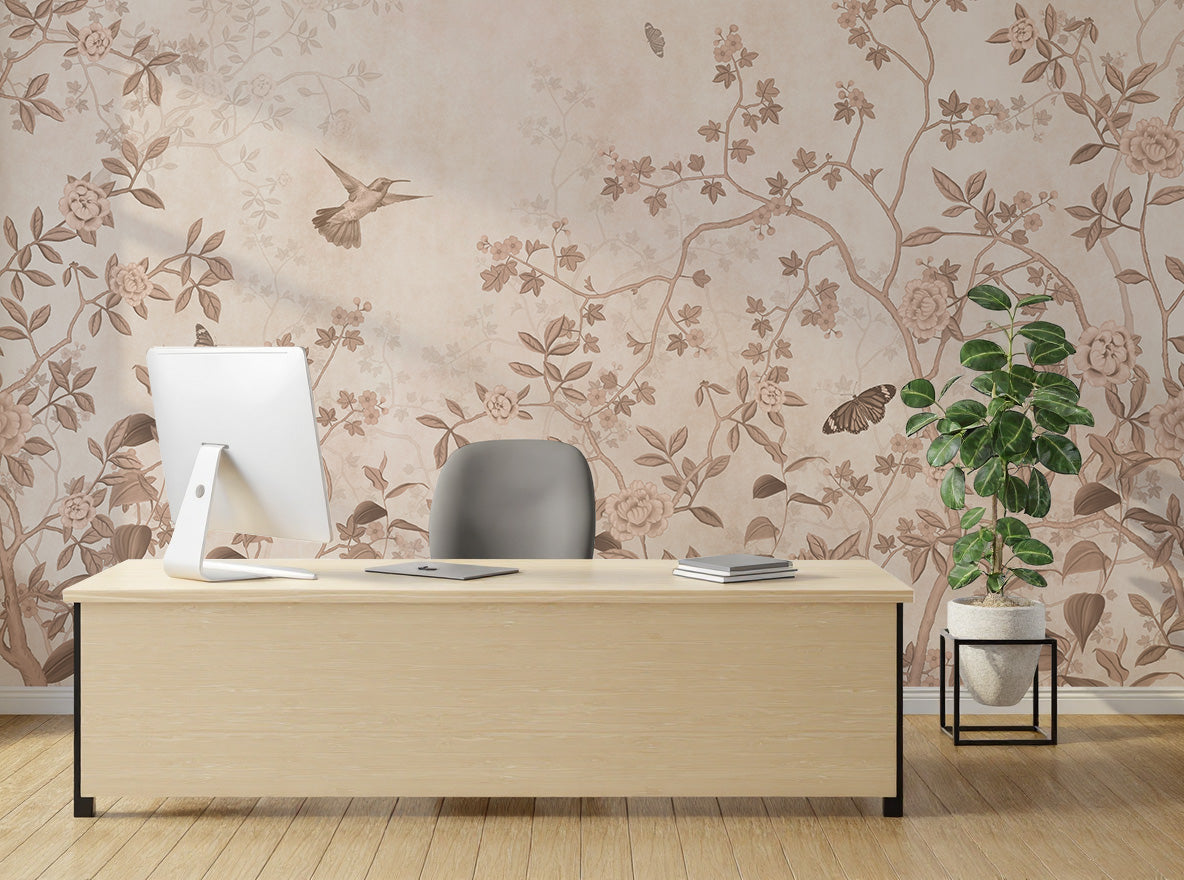 Soft beige floral art with birds perfect for cozy reading nook aesthetic styling