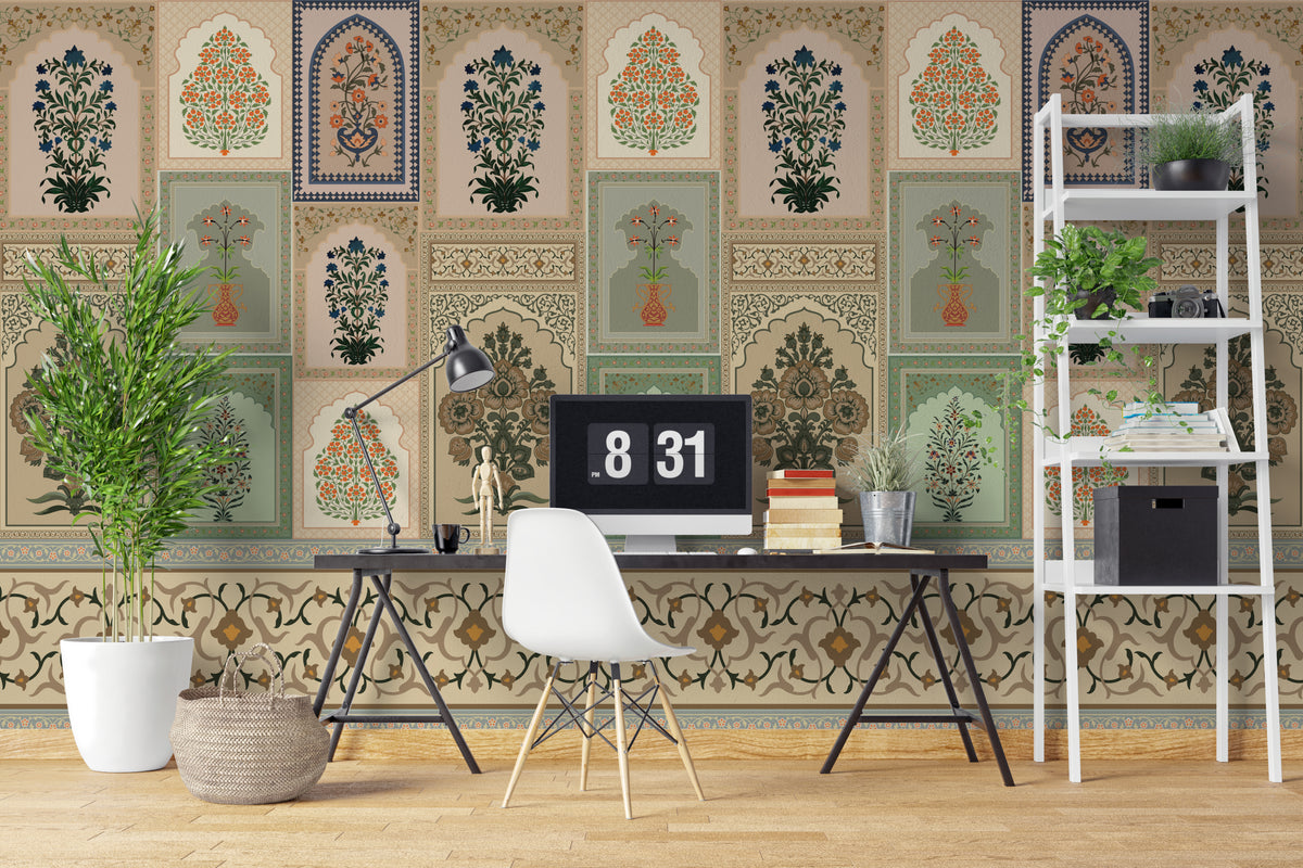 Mughal Inspired Botanical Motif Indian Wallpaper Arch-shaped Removable Wall Mural