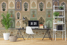 Heritage arch wall decor featuring detailed ethnic artwork in warm tones study room