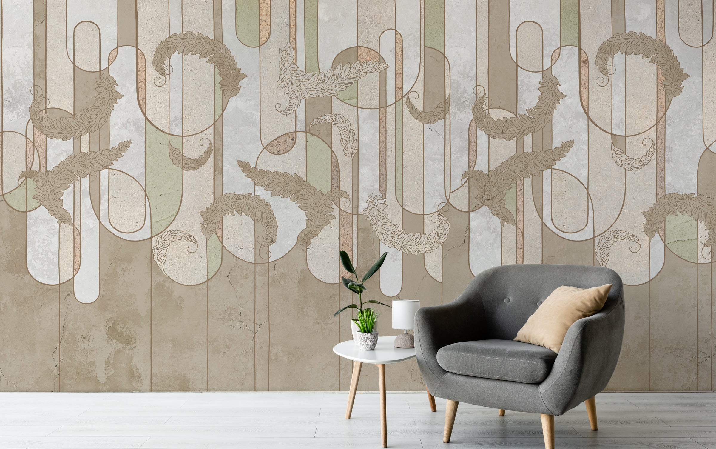 Neutral tone line art wallpaper creating a calm and premium feel in study room space