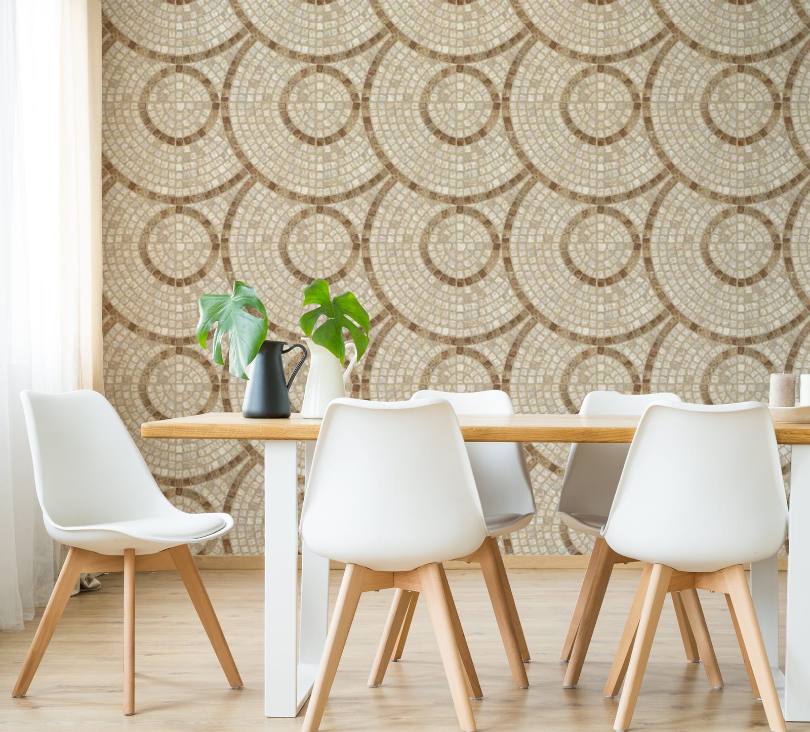 Modern dining space styled with beige geometric circle wallpaper mural and retro mosaic pattern