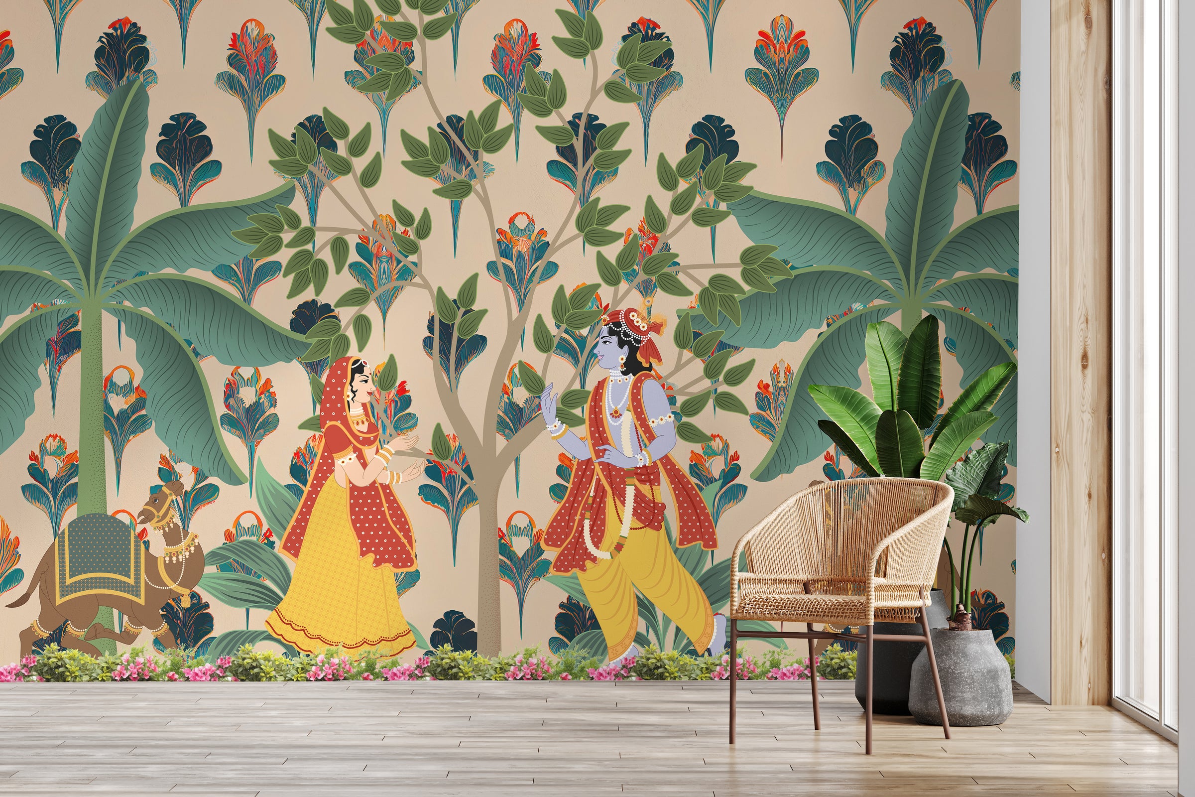 Radha Krishna Pichwai Indian Wallpaper | Pooja Room Peel and Stick Wallpaper