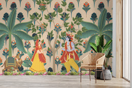 Radha Krishna Pichwai Indian Wallpaper | Pooja Room Peel and Stick Wallpaper