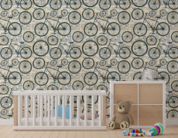 Vintage bicycle wallpaper with sketch pattern in neutral tones for stylish kids room decor