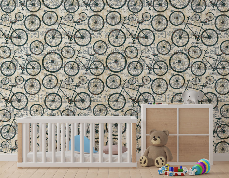 Bicycle Retro Kids Room Wallpaper Beige Black Nursery Self-Adhesive Wall Decor
