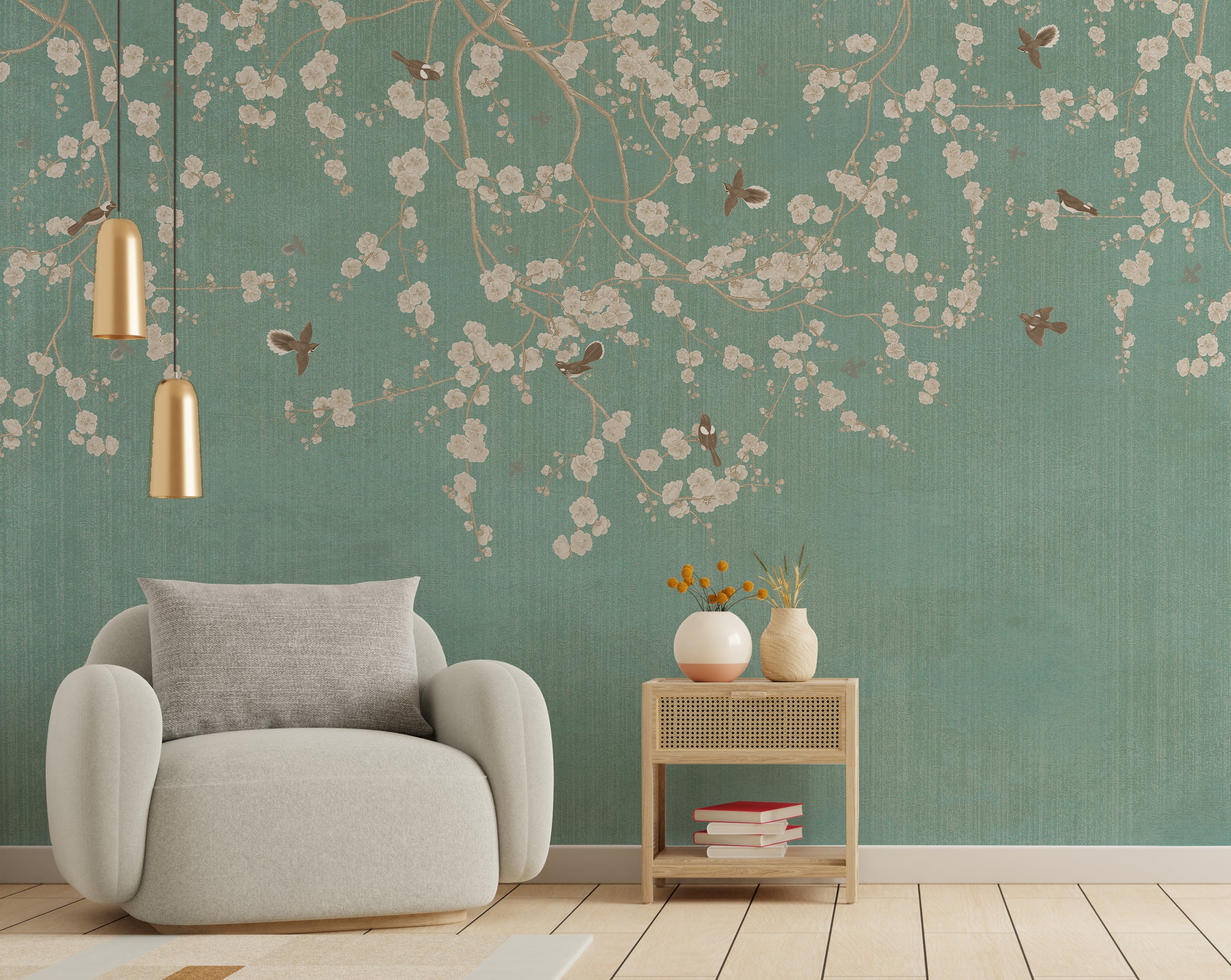 Branches Birds Green Design Vintage Wallpaper