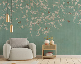 Branches Birds Green Design Vintage Wallpaper