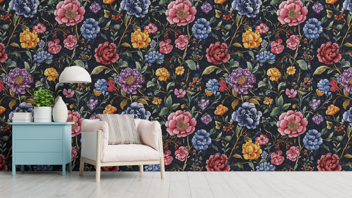 Dark Floral Wallpaper Rose and Peonies Flower Design Peel and Stick Interior Decor
