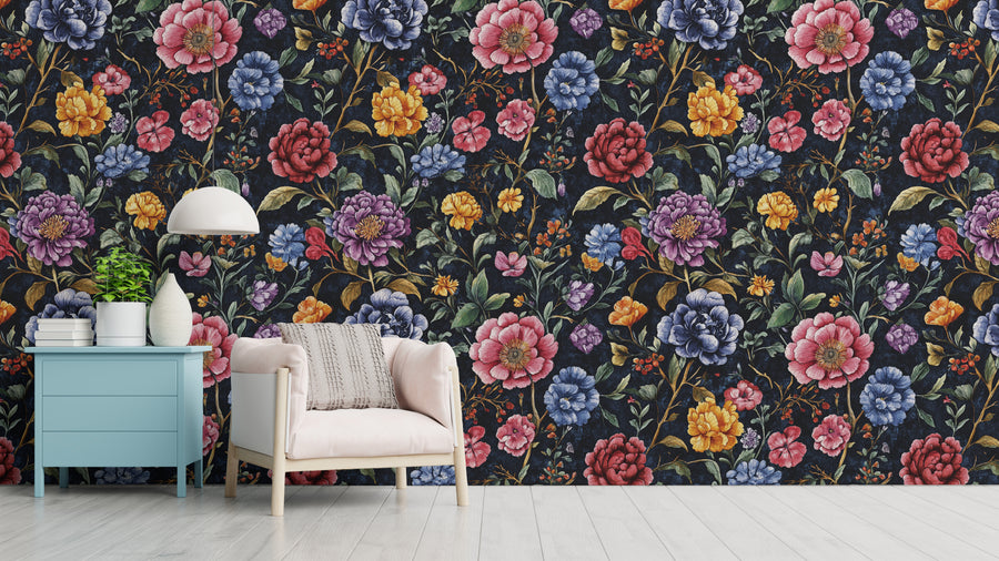 Dark Floral Wallpaper Rose and Peonies Flower Design Peel and Stick Interior Decor