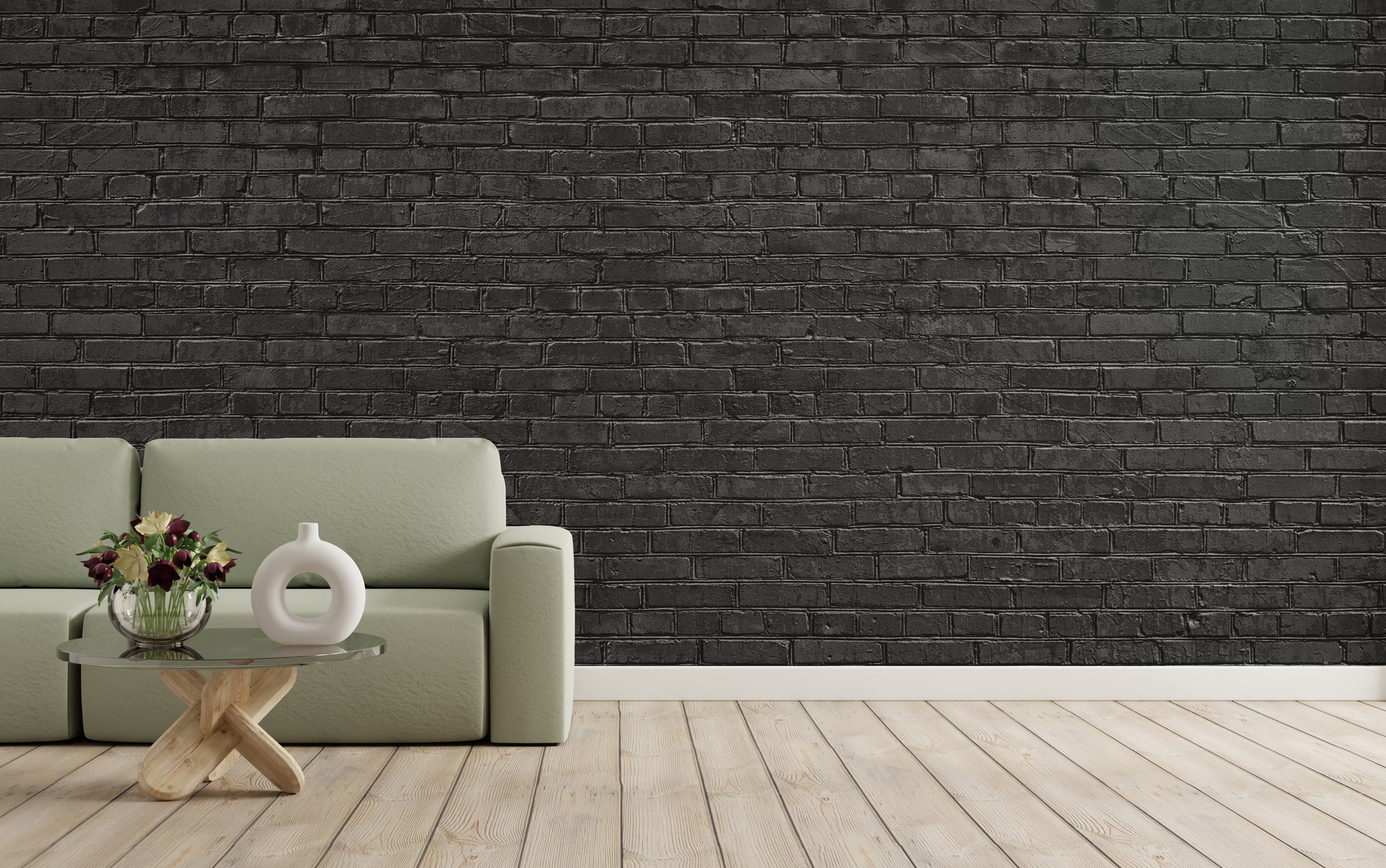 Industrial black brick wallpaper mural transforming a living space into a striking first impression.