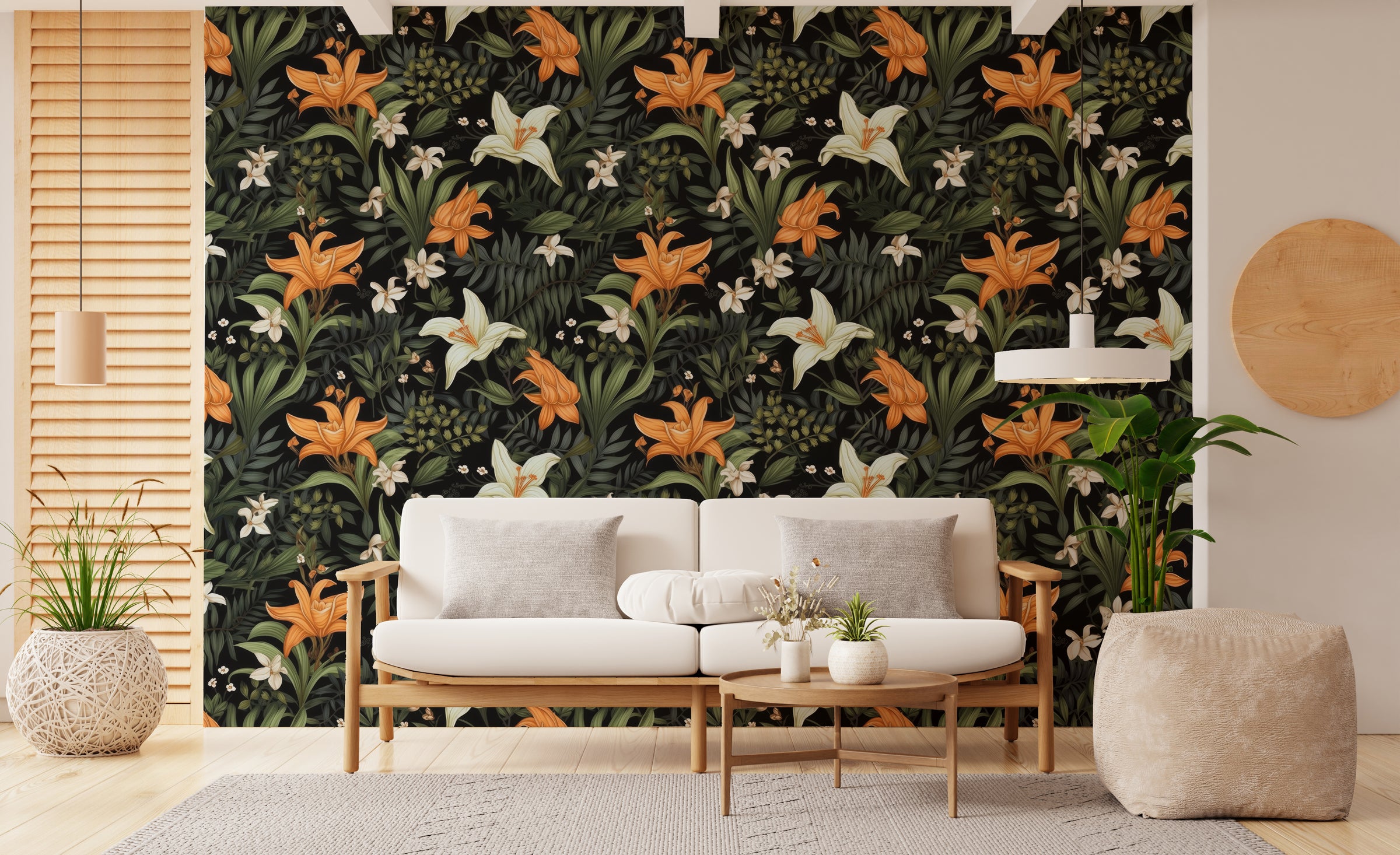 Tropical botanical lily pattern with deep green tones for chic apartment decor styling