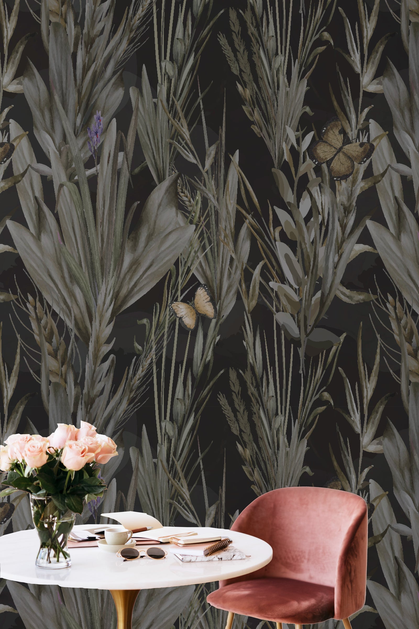 Powerful dining room design with dark botanical wallpaper featuring layered foliage and fluttering butterflies in dark earthy palette, perfect for elegant gatherings