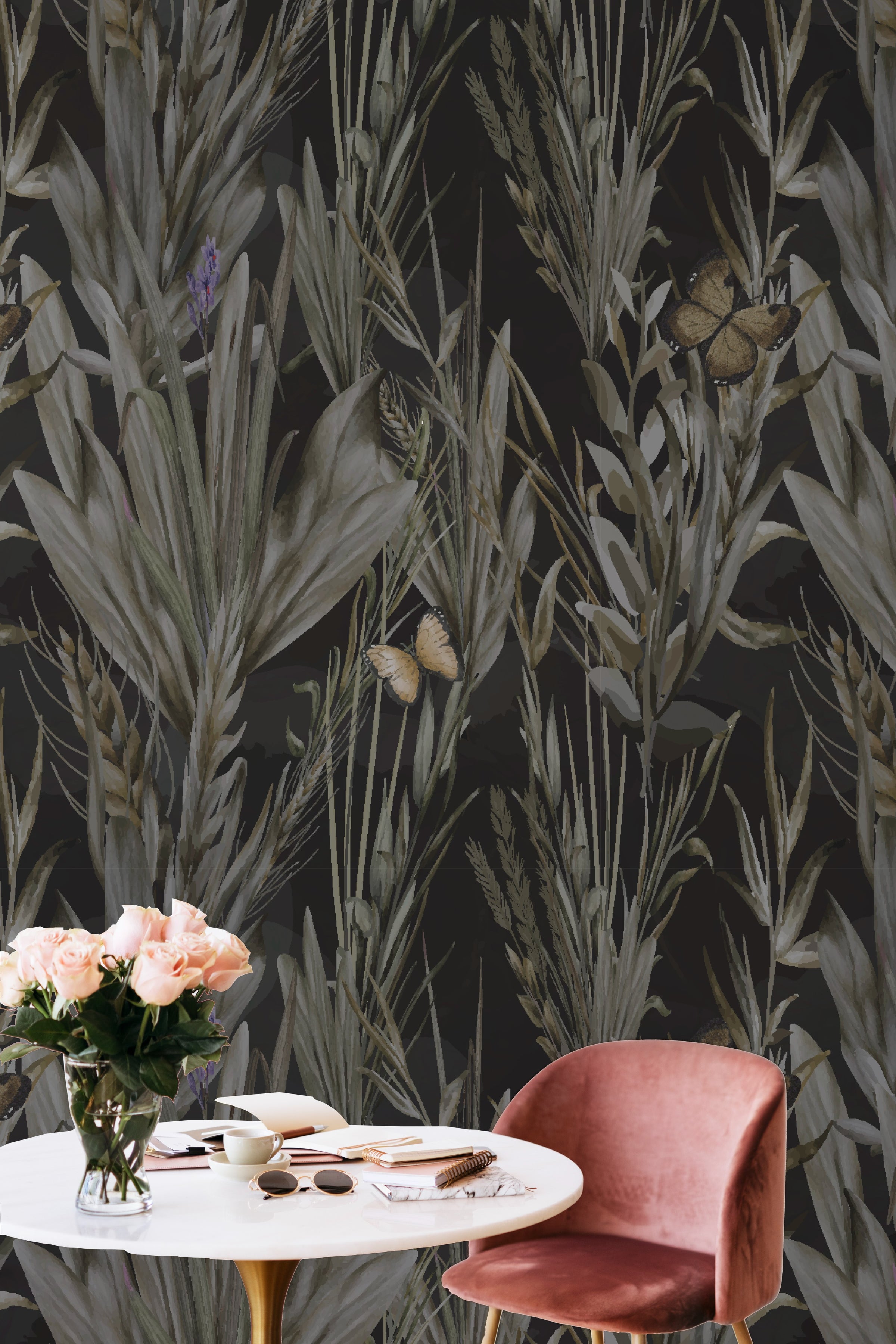 Powerful dining room design with dark botanical wallpaper featuring layered foliage and fluttering butterflies in dark earthy palette, perfect for elegant gatherings