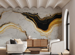Black gold marble wallpaper with bold fluid veins elevating modern living room decor