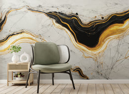 Modern marble wallpaper with gold streaks transforming minimalist office feature wall design