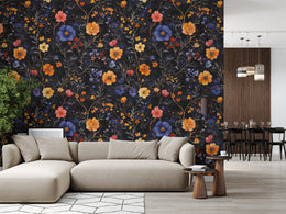 Dark botanical design with vibrant orange and blue flowers, perfect for living room decor