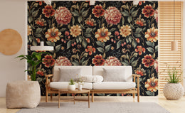 Dark botanical wallpaper with large floral elements for modern apartment feature wall