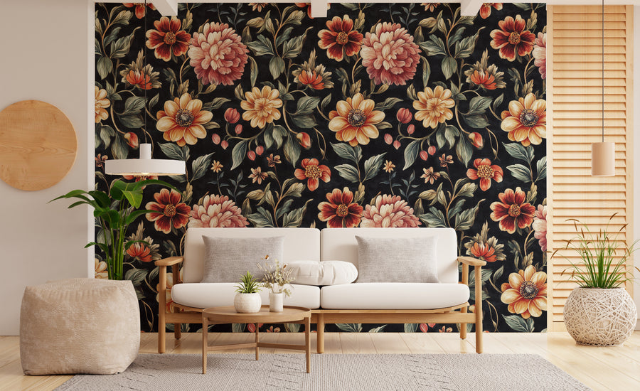 Moody Dark Floral Botanical Peel and Stick Wallpaper Bold Living Room Wall Decor