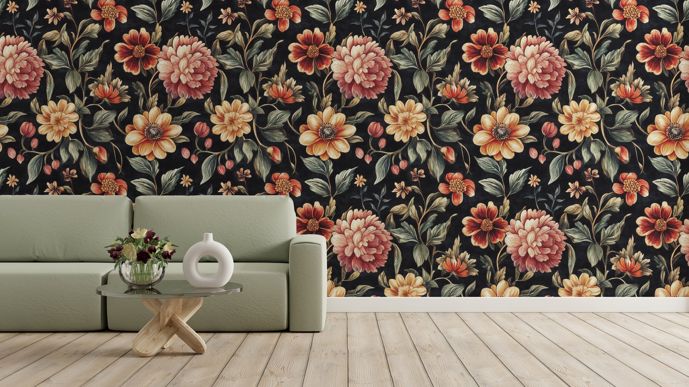 Dark botanical wallpaper featuring orange and blush flowers for elegant bedroom decor