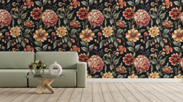 Dark botanical wallpaper featuring orange and blush flowers for elegant bedroom decor