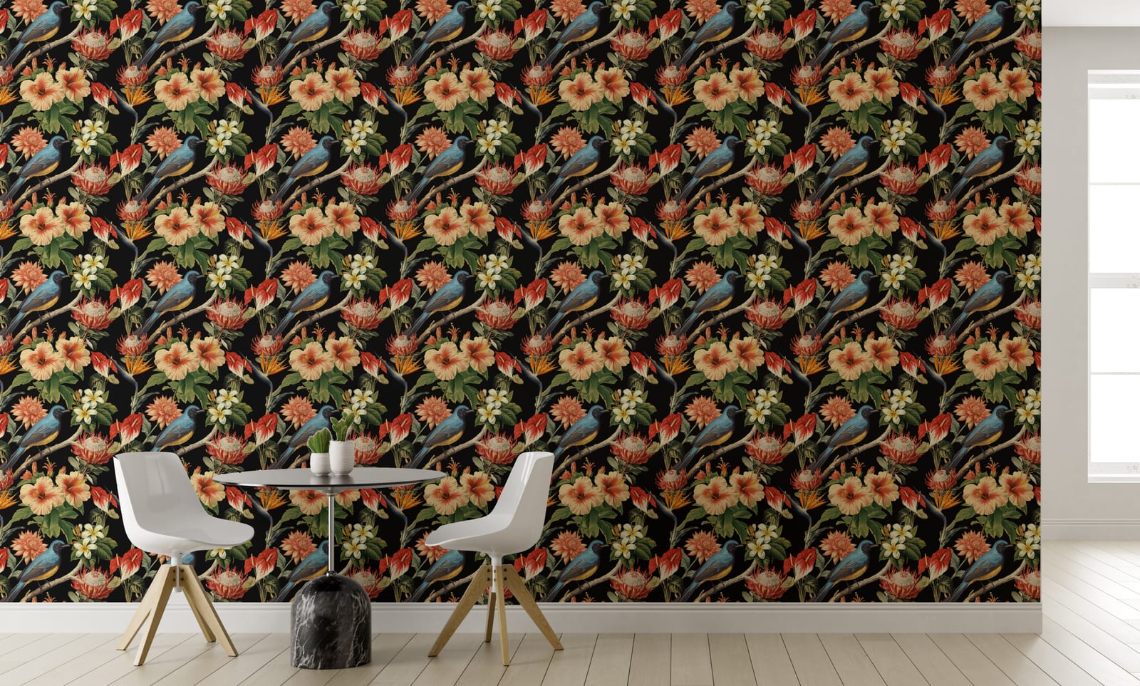 Exotic Tropical Birds Wallpaper | Black Floral Removable Bedroom Decor