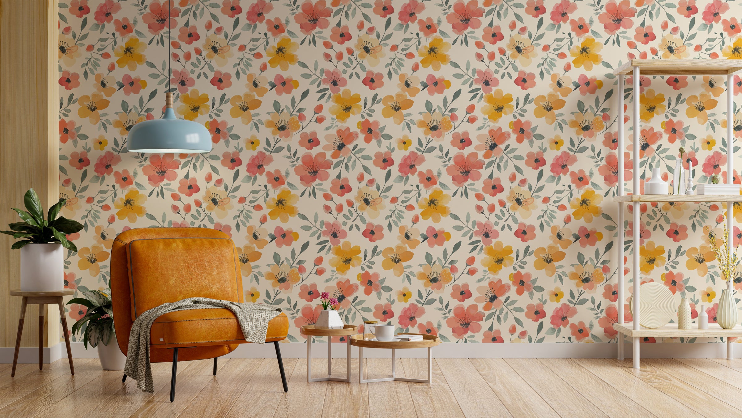 Yellow and Orange Flower Watercolor Pattern Wallpaper For Walls