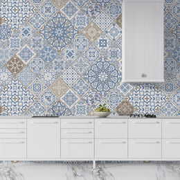 Blue pattern tile wallpaper peel and stick Mediterranean design for kitchen backsplash decor