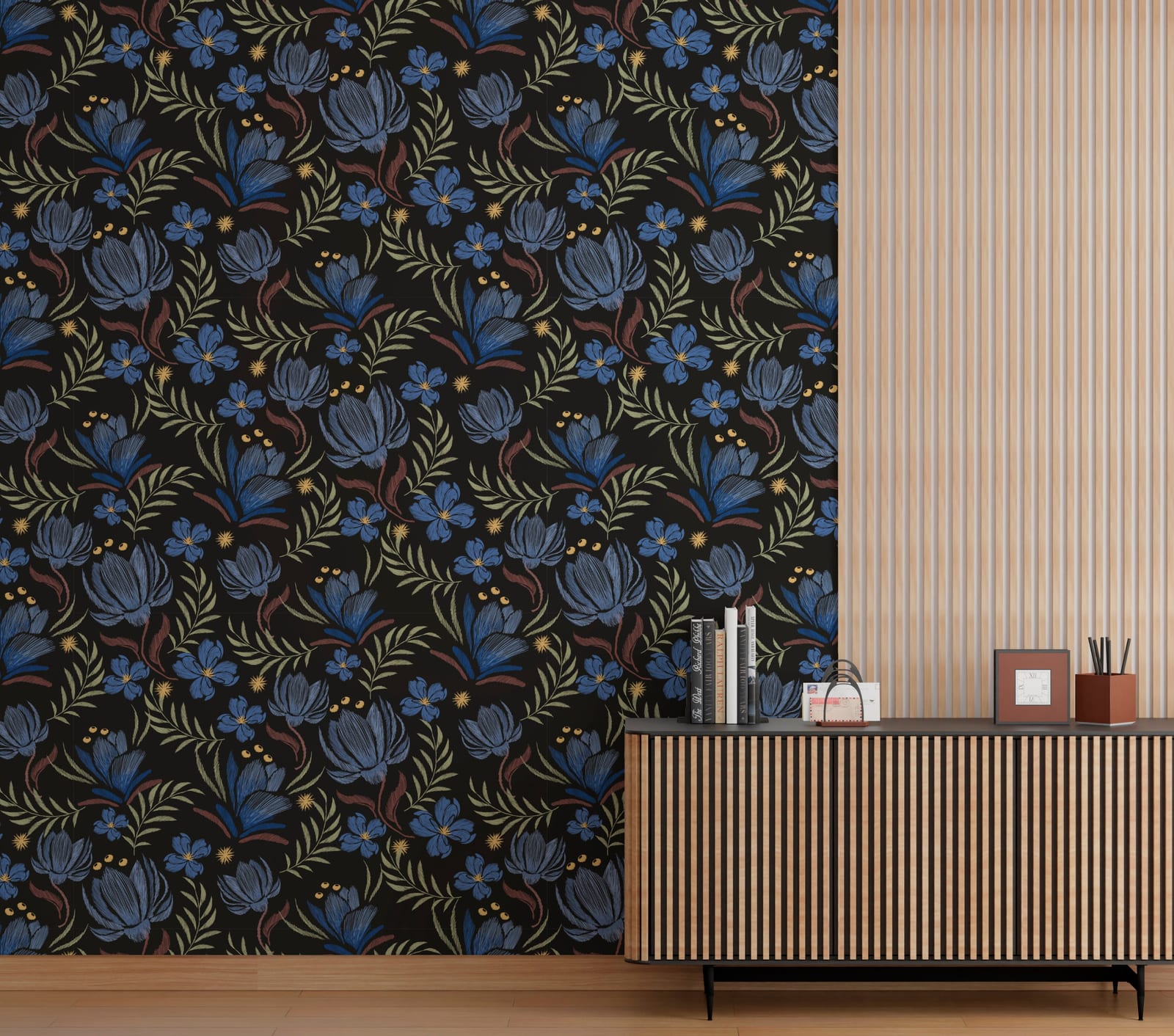 Hand Drawn Blue Peel and Stick Floral Wallpaper