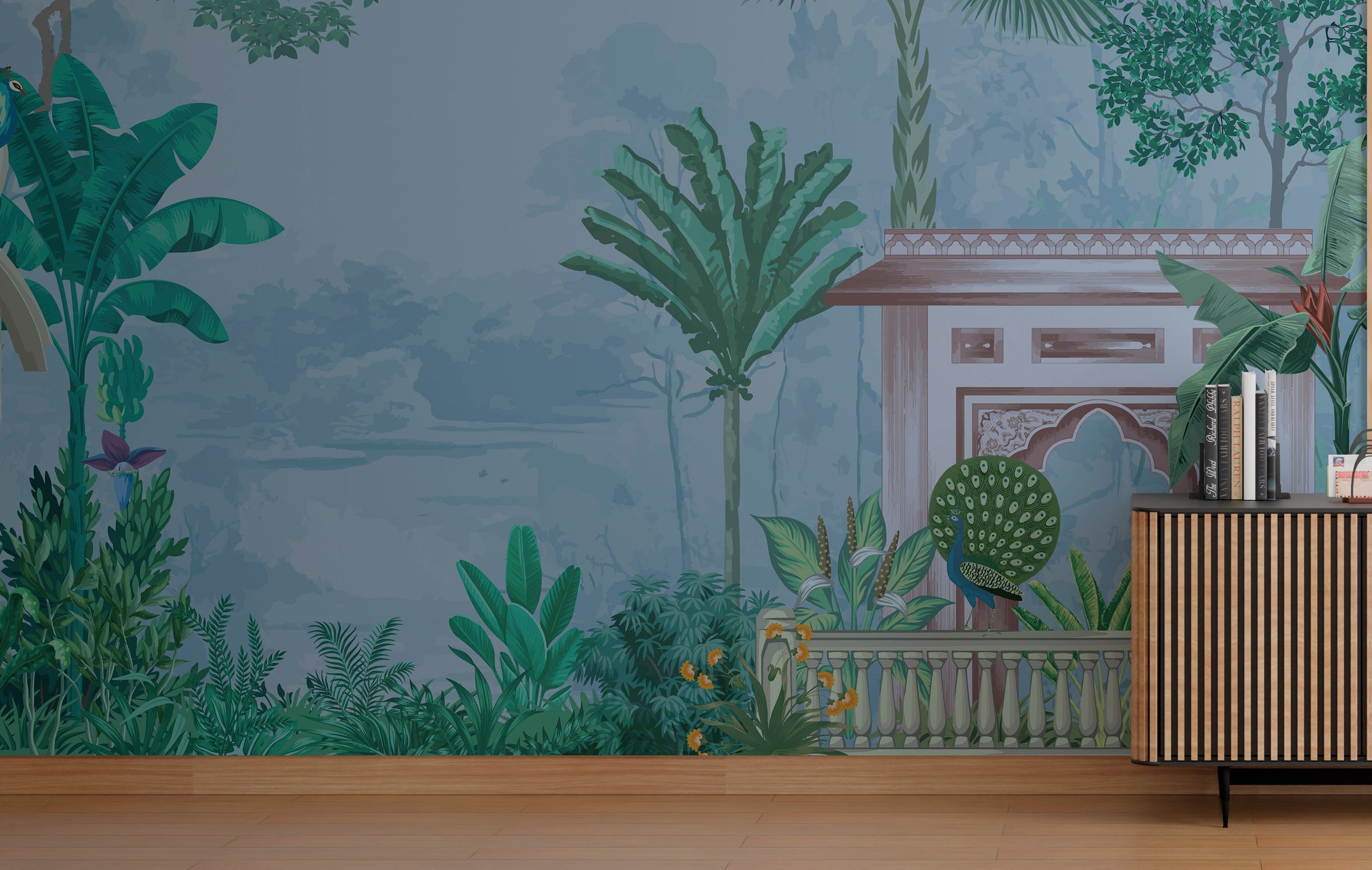 Calming botanical bird design in beige tones for peaceful meditation room wall decor