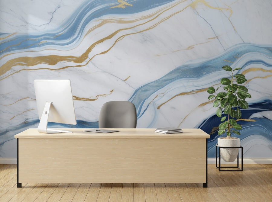 Abstract Blue Gold Marble Wall Decor| Modern Kitchen Removable Wallpaper
