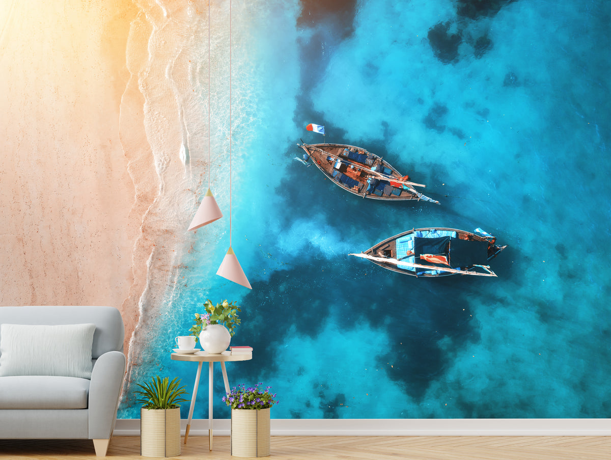 Peel and Stick Ocean Wallpaper Turquoise Coastal Boat Beach Wall Mural